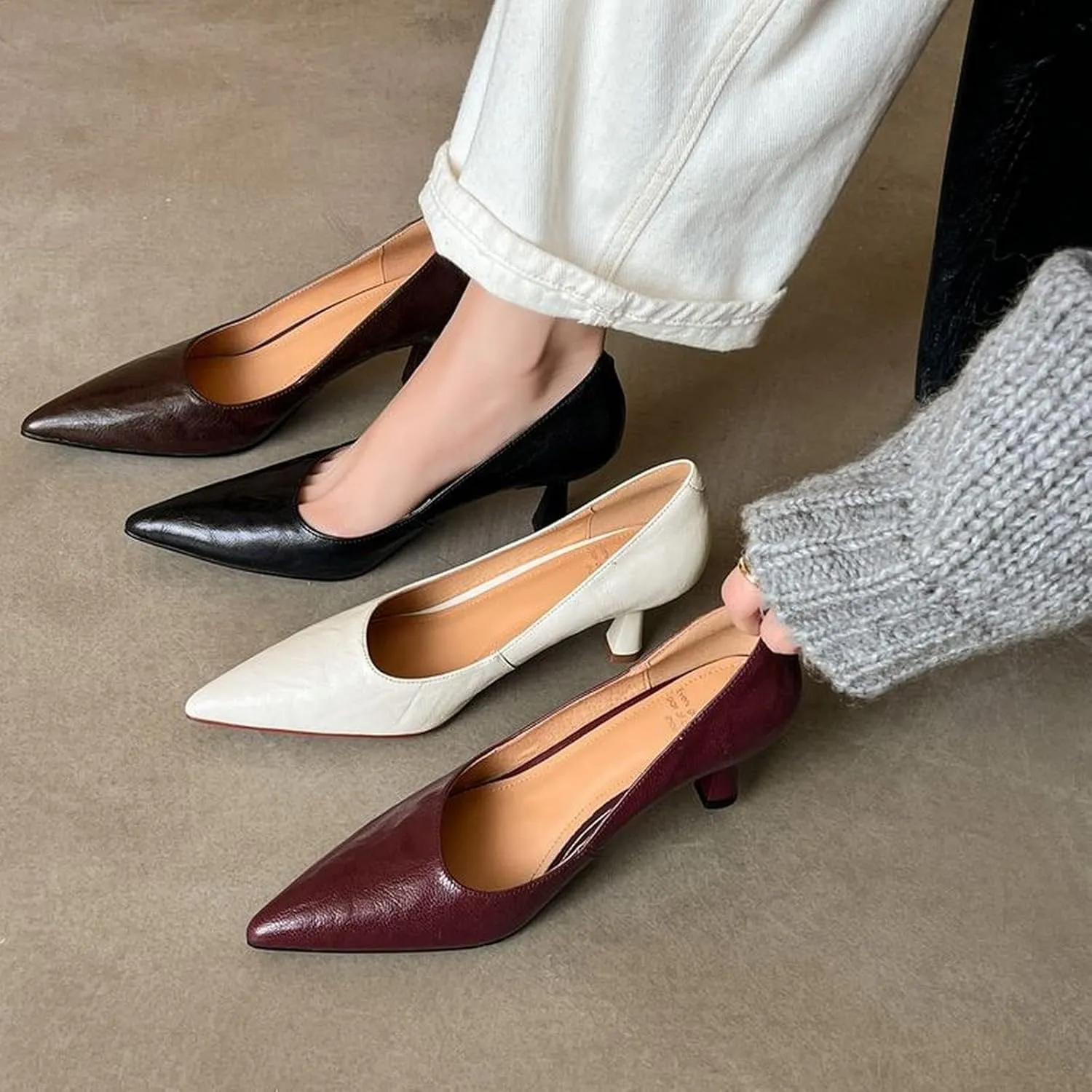 XIEDA Women's Genuine Lambskin Leather Pointed Toe Mid Heels Office Work Pumps Dress Shoes