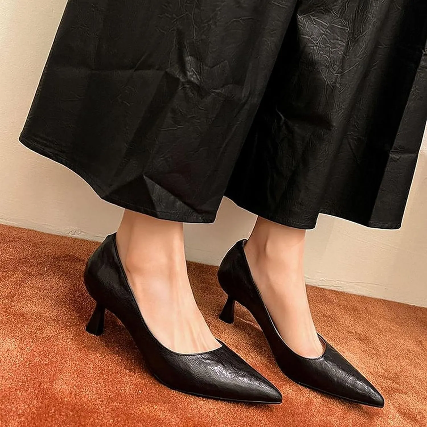 XIEDA Women's Genuine Lambskin Leather Pointed Toe Mid Heels Office Work Pumps Dress Shoes