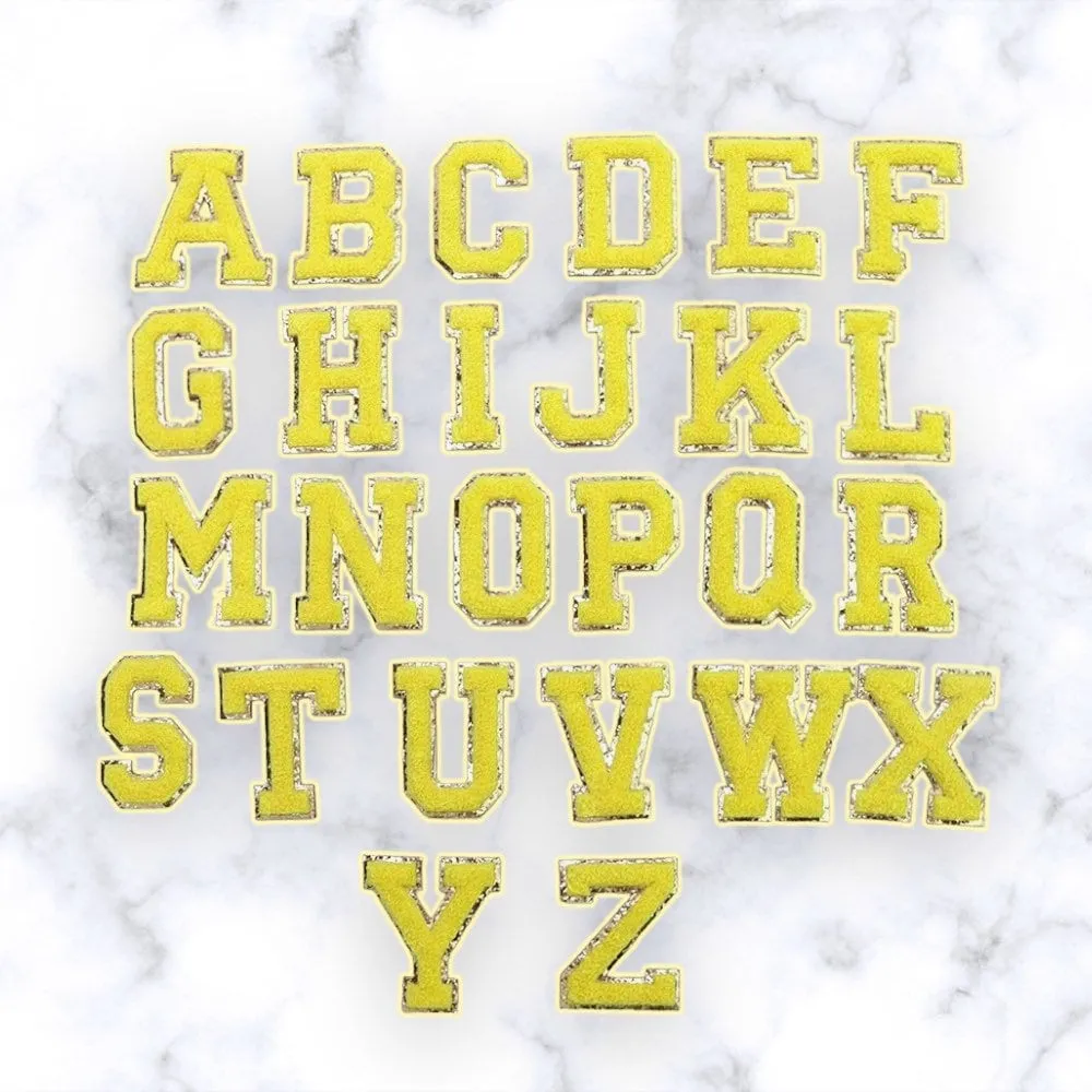 Yellow - Letter Patch - Self Adhesive & Iron - Chenille Alphabet Diy Gold Glitter Varsity Letter - Nylon Pouch cosmetic DIY embroidery