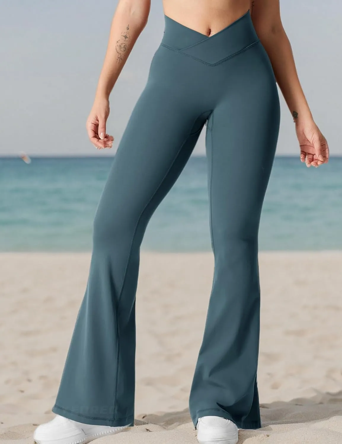 YEOREO Kalie Flare Scrunch Leggings for Women V Cross Waist Bell Bottom Yoga Pants Tummy Control Bootcut Workout Leggings