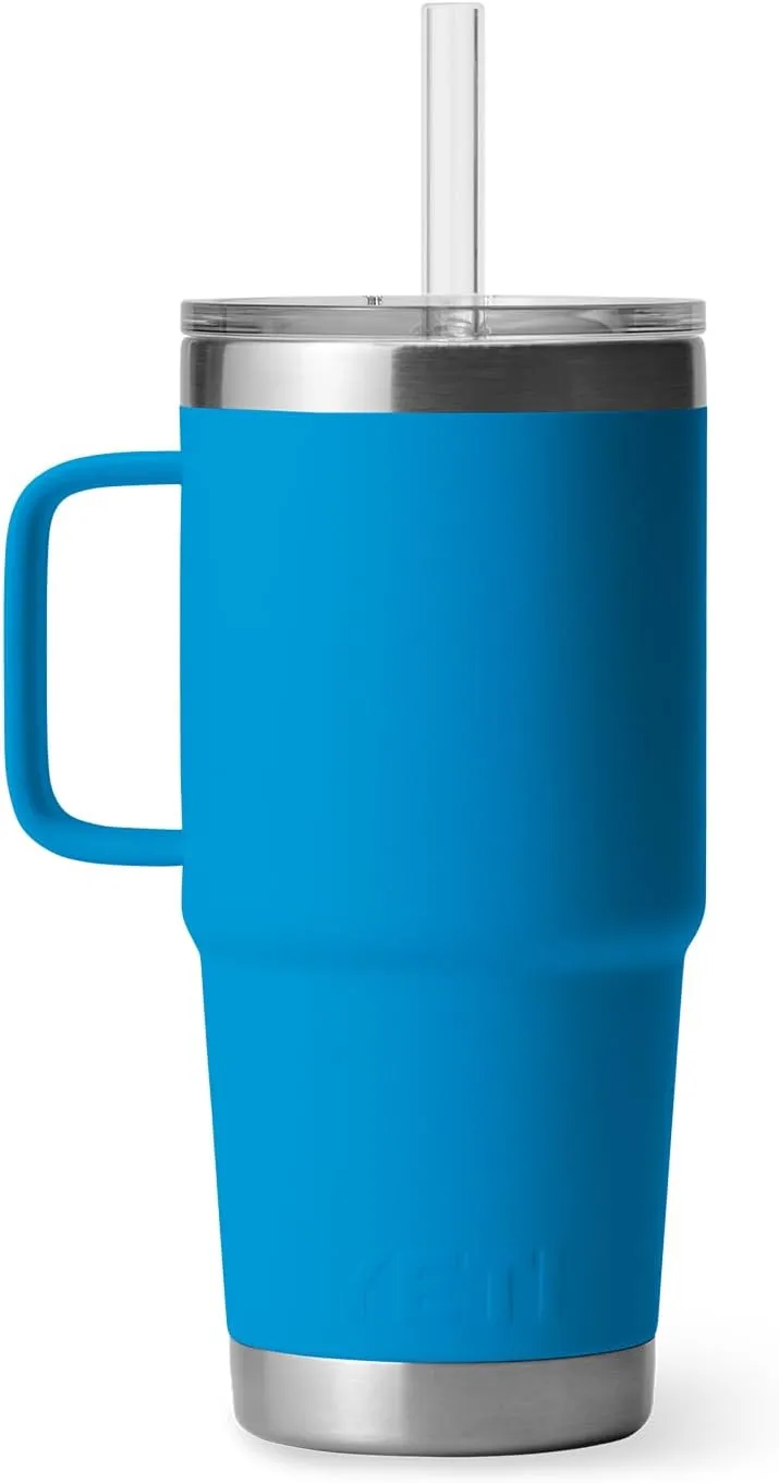 YETI Rambler 25 oz Tumbler with Handle and Straw Lid, Travel Mug Water Tumbler, Vacuum Insulated Cup with Handle, Stainless Steel, Big Wave Blue