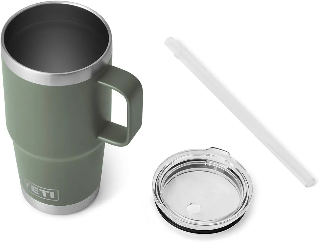 YETI Rambler 25 oz Tumbler with Handle and Straw Lid, Travel Mug Water Tumbler, Vacuum Insulated Cup with Handle, Stainless Steel, Camp Green