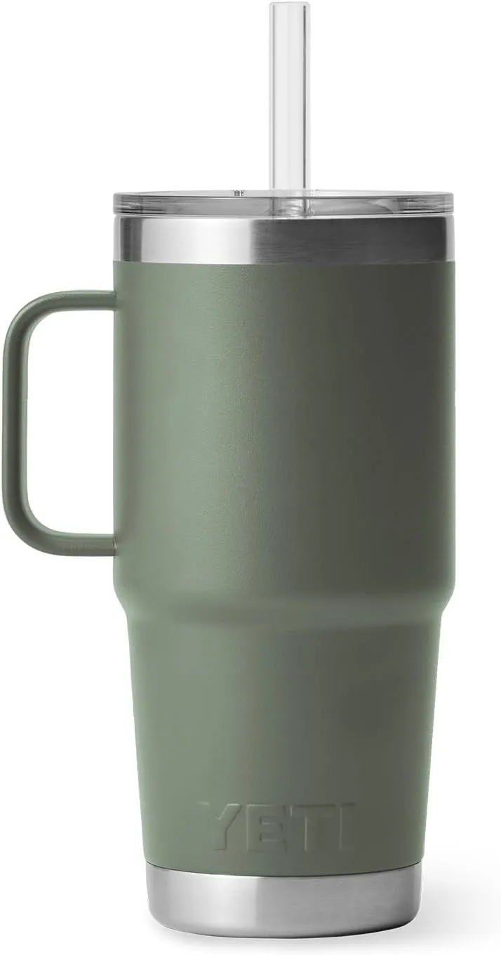 YETI Rambler 25 oz Tumbler with Handle and Straw Lid, Travel Mug Water Tumbler, Vacuum Insulated Cup with Handle, Stainless Steel, Camp Green