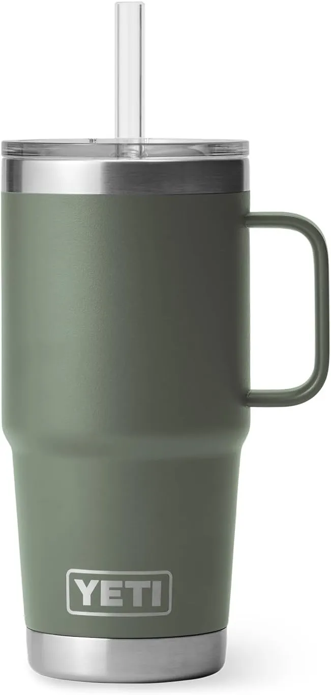 YETI Rambler 25 oz Tumbler with Handle and Straw Lid, Travel Mug Water Tumbler, Vacuum Insulated Cup with Handle, Stainless Steel, Camp Green