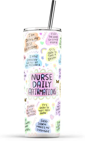 YouNique Designs Nurse Tumbler – Daily Affirmations 20 oz Skinny Tumbler with Lid and Straw, Insulated Stainless Steel Tumblers, Nurse Gifts, Nurse Appreciation Gifts, Nurse Practitioner Gifts