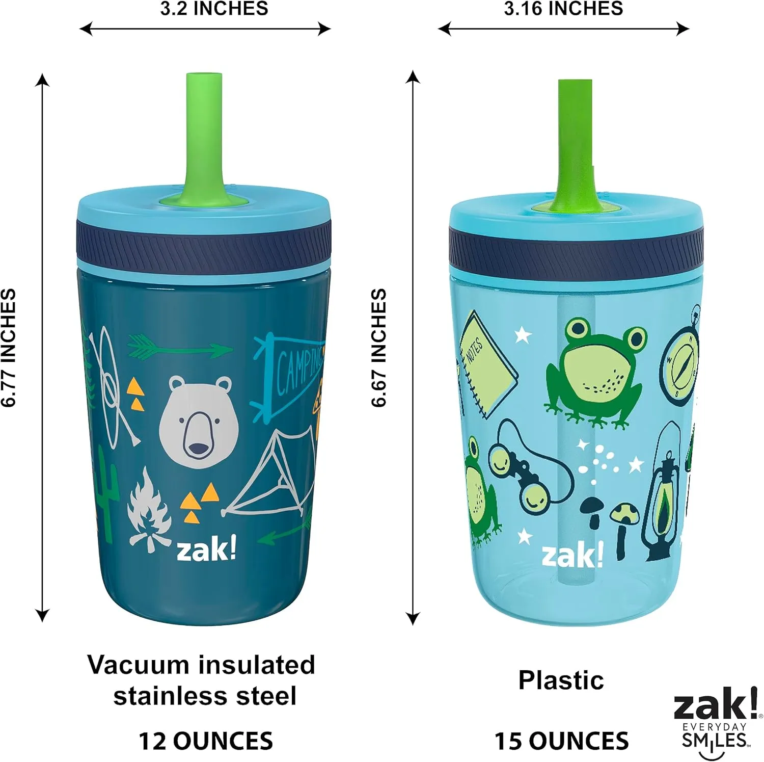 Zak Designs Campout and Camping Kelso Tumbler Set, Leak-Proof Screw-On Lid with Straw, Bundle for Kids Includes Plastic and Stainless Steel Cups with Bonus Sipper, 3pc Set, Non-BPA,15 fl oz