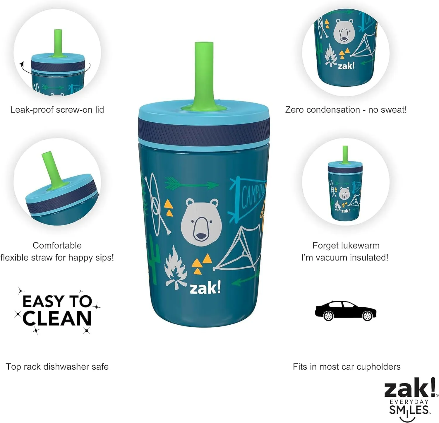 Zak Designs Campout and Camping Kelso Tumbler Set, Leak-Proof Screw-On Lid with Straw, Bundle for Kids Includes Plastic and Stainless Steel Cups with Bonus Sipper, 3pc Set, Non-BPA,15 fl oz