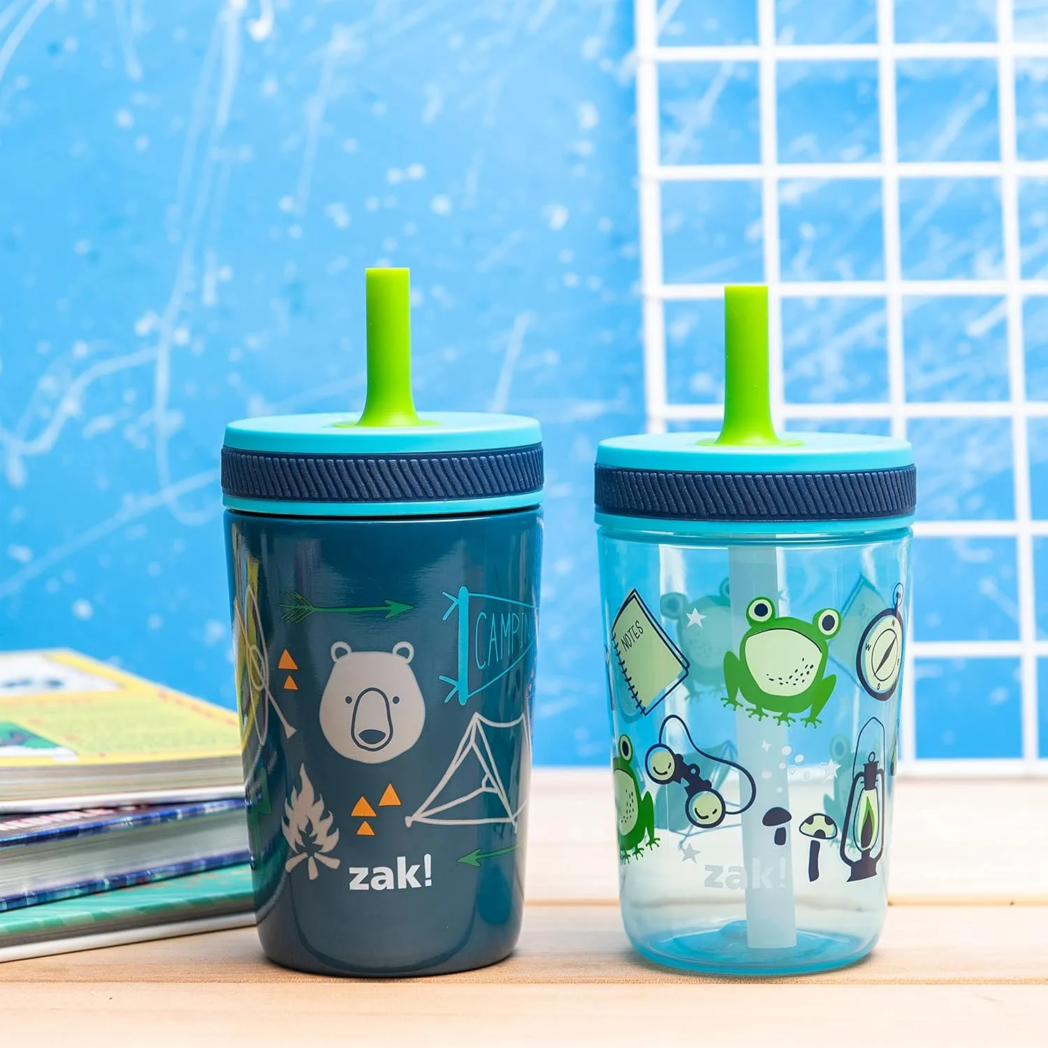 Zak Designs Campout and Camping Kelso Tumbler Set, Leak-Proof Screw-On Lid with Straw, Bundle for Kids Includes Plastic and Stainless Steel Cups with Bonus Sipper, 3pc Set, Non-BPA,15 fl oz