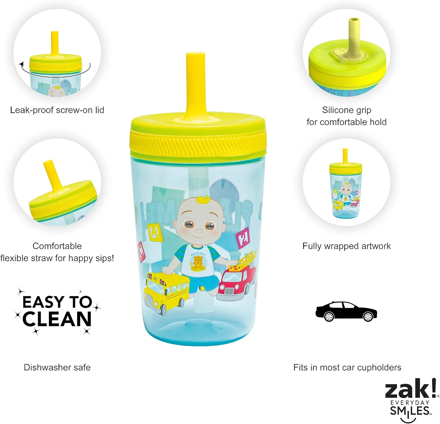 Zak Designs CoComelon Kelso Tumbler Set, Leak-Proof Screw-On Lid with Straw, Bundle for Kids Includes Plastic and Stainless Steel Cups with Bonus Sipper (3pc Set, Non-BPA), 15 fluid ounces