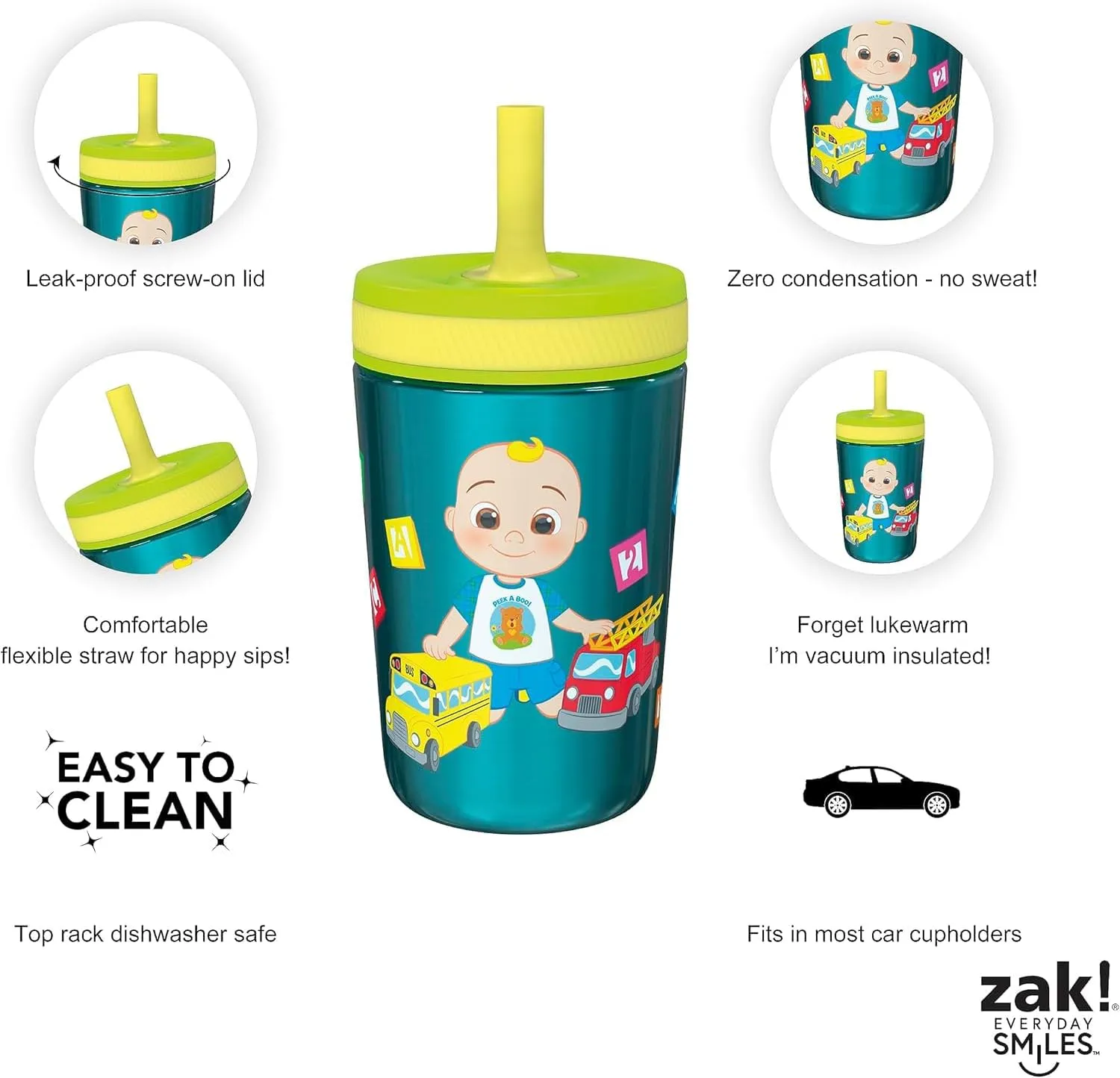 Zak Designs CoComelon Kelso Tumbler Set, Leak-Proof Screw-On Lid with Straw, Bundle for Kids Includes Plastic and Stainless Steel Cups with Bonus Sipper (3pc Set, Non-BPA), 15 fluid ounces