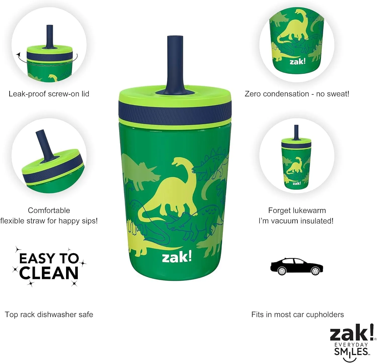 Zak Designs Dino Camo Kelso Tumbler 3pc Set, Leak-Proof Screw-On Lid with Straw, Bundle for Kids Includes Plastic and Stainless Steel Cups with Additional Sipper, 15 fluid ounces