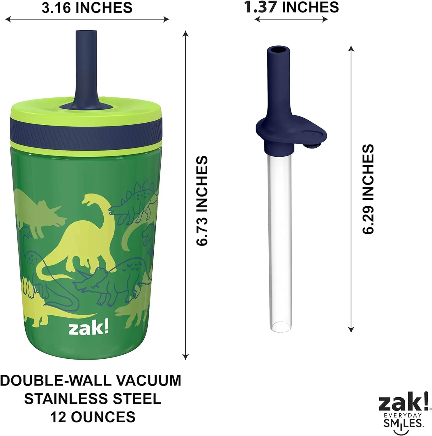 Zak Designs Dino Camo Kelso Tumbler 3pc Set, Leak-Proof Screw-On Lid with Straw, Bundle for Kids Includes Plastic and Stainless Steel Cups with Additional Sipper, 15 fluid ounces